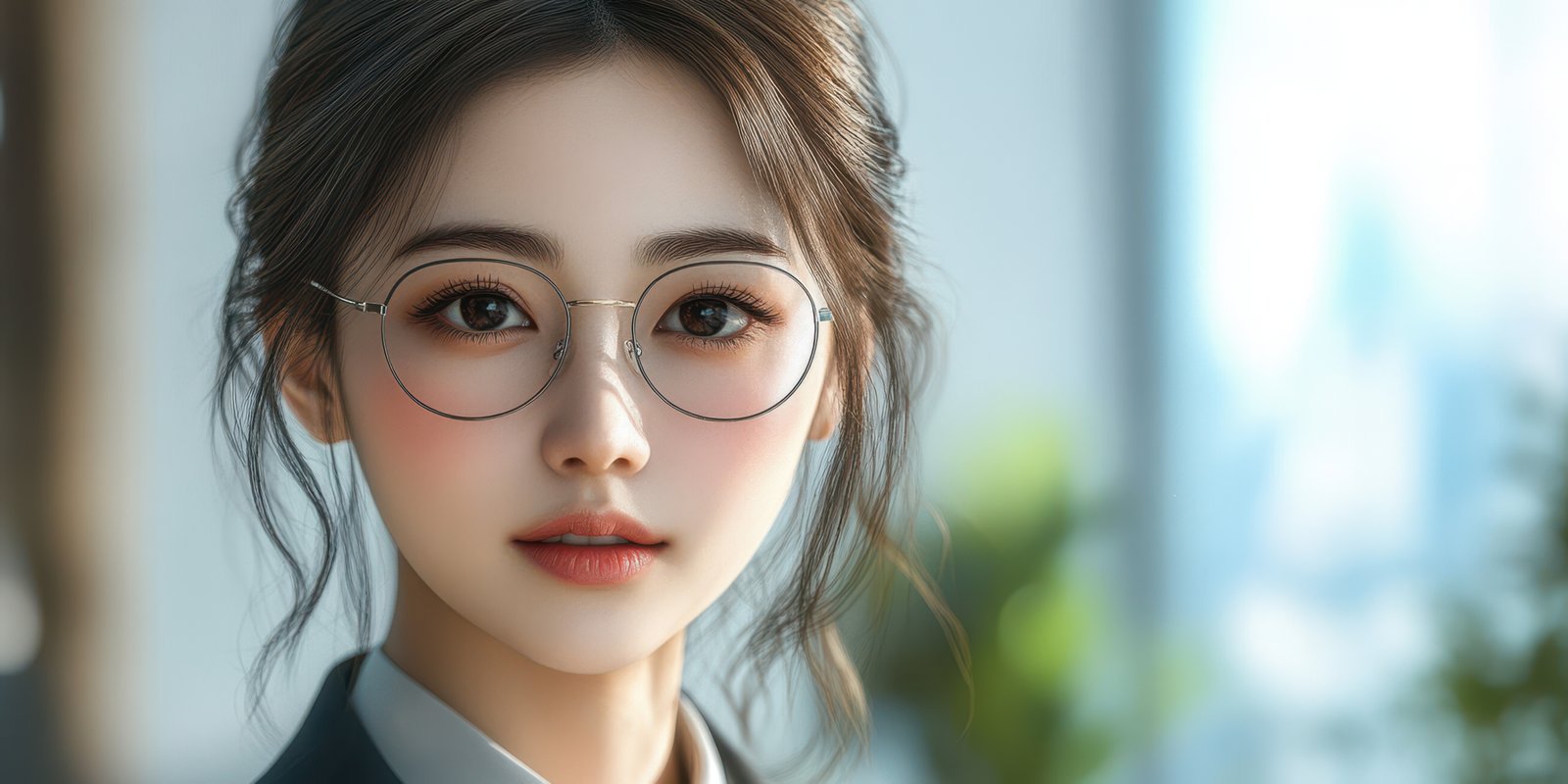Professional young woman in glasses with a soft smile in a modern office setting